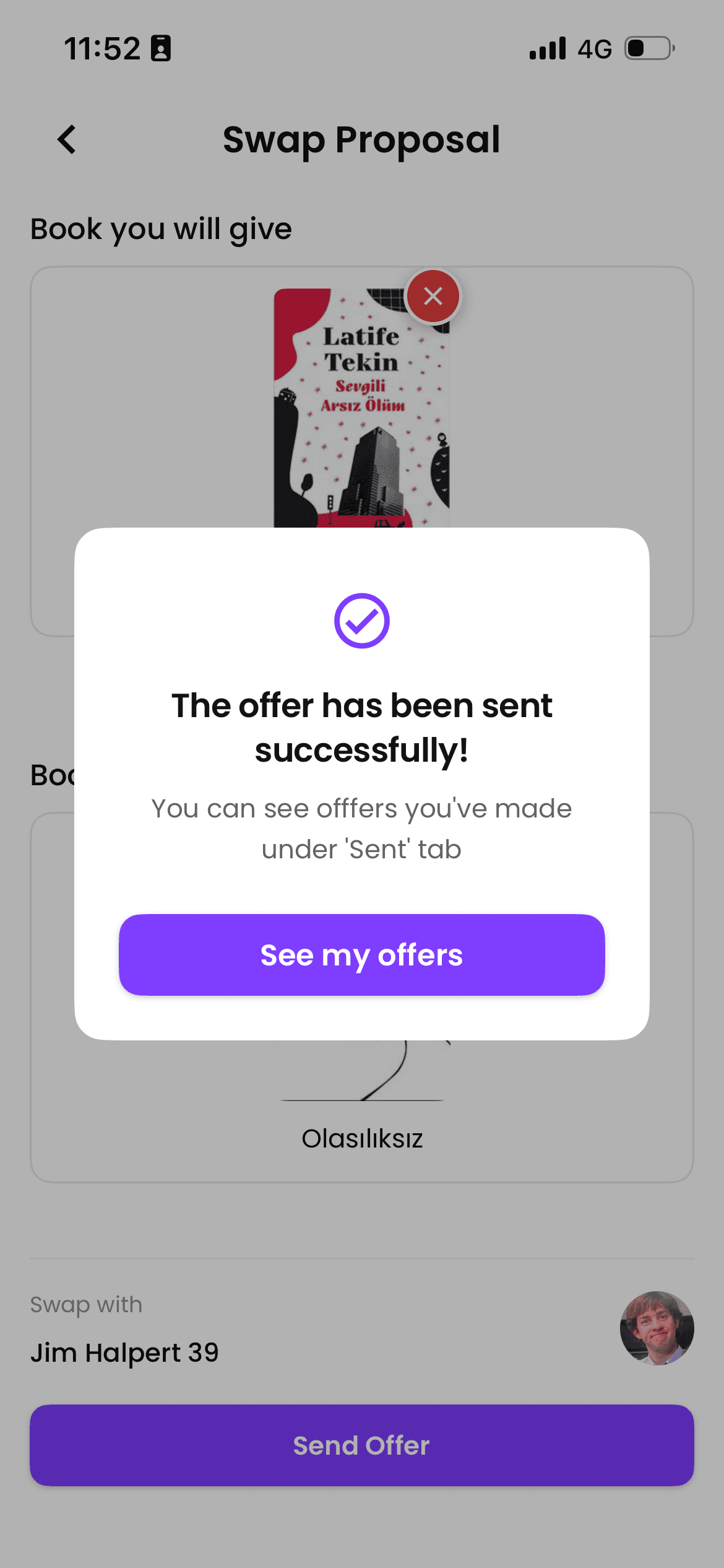Dual screen layout showing real-time chat and swap offer modal
