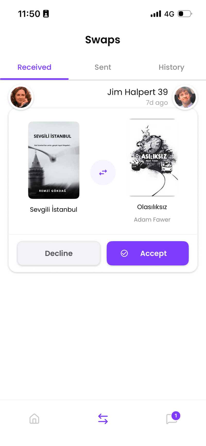 BookSwap swaps screen with accept and decline actions